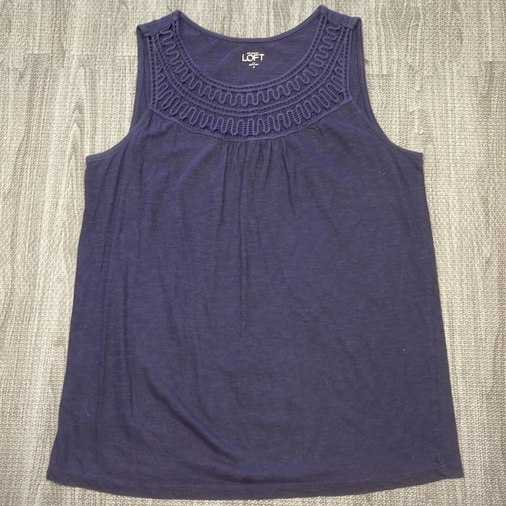 LOFT Navy Tank, Embroidered neck detail - Women’s Size S